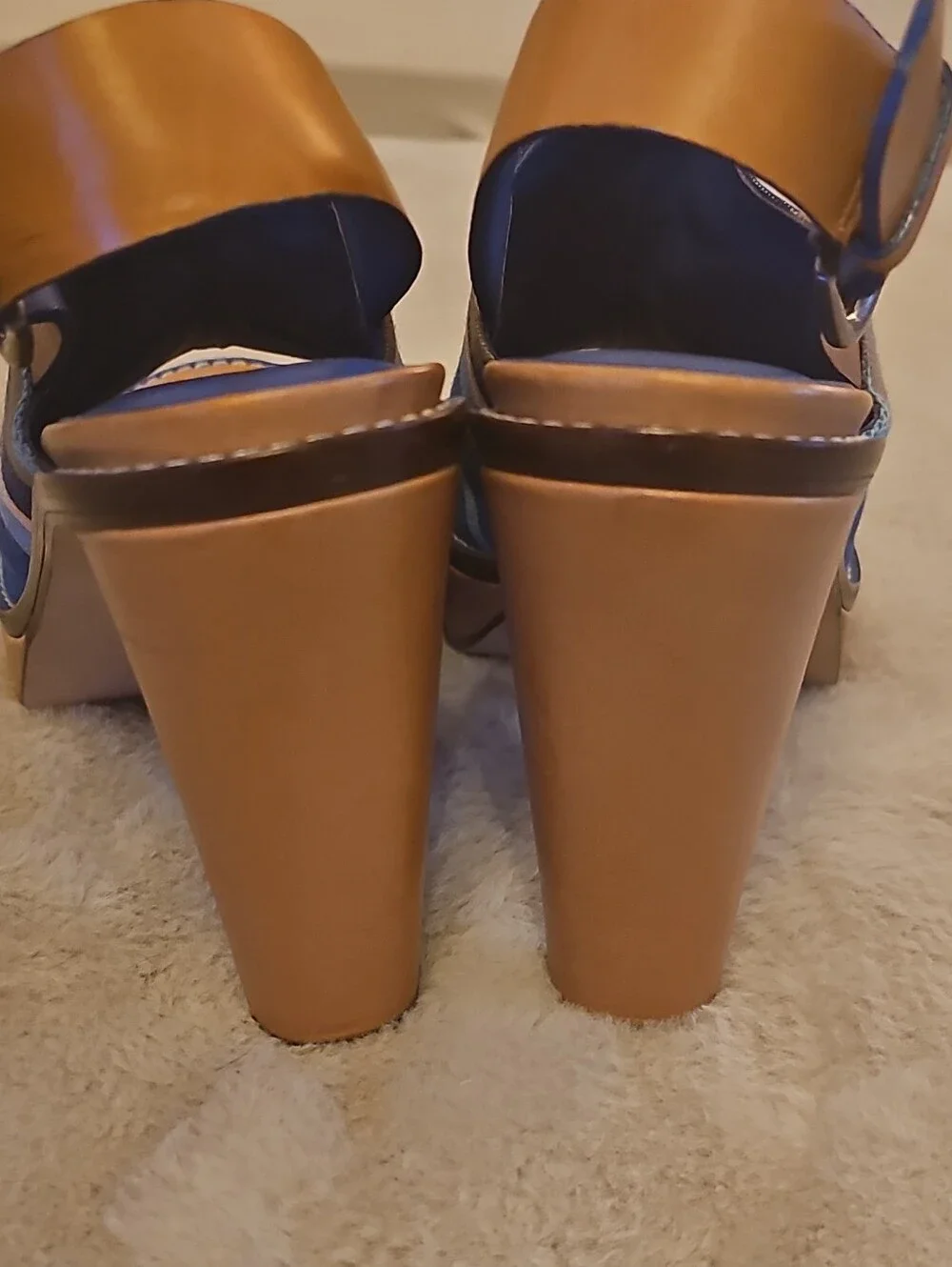 Cole Haan Blue Striped Peep-Toe Platform Heel Sandals.